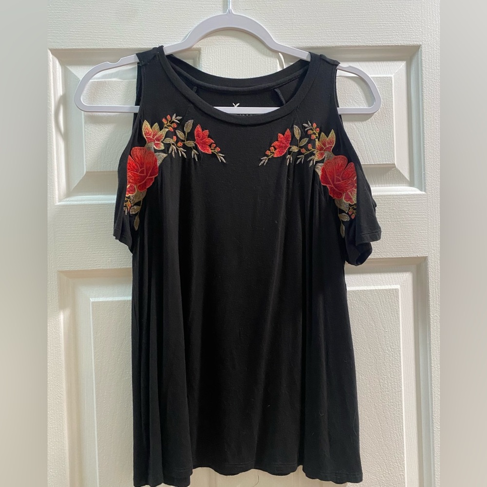 Gently used Black with red roses off shoulder tank top from Aeo